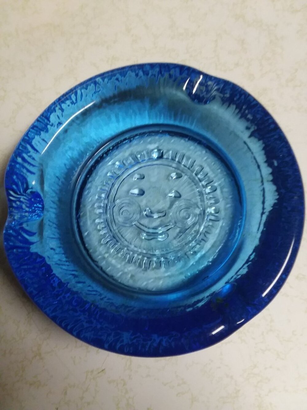 Vintage Wheaton Nuline Blue 1970's Smile Face Ashtray 7"x7"x2"